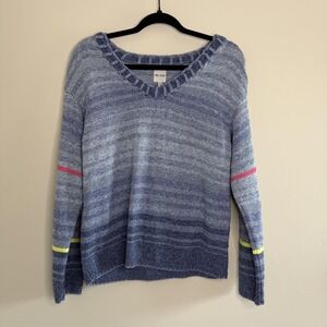 NIC+ZOE Sweater Womens Medium Blue Striped V Neck Pullover Knit Top Casual